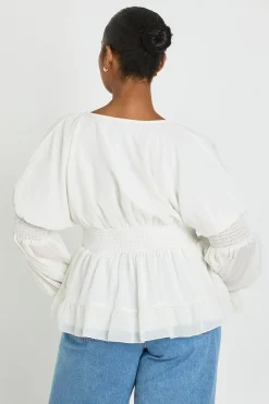 Haut Smock Grande Taille À Encolure En V Et Manches Bouffantes Volumineuses