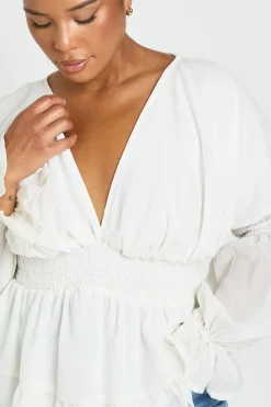 Haut Smock Grande Taille À Encolure En V Et Manches Bouffantes Volumineuses