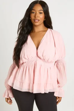 boohoo Haut Smock Grande Taille À Encolure En V Et Manches Bouffantes Volumineuses<Femme Tops