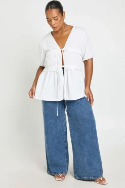 boohoo Haut Smock Grande Taille À Manches Courtes Avec Détails Froncés Et Liens Noués Devant<Femme Tops