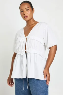 boohoo Haut Smock Grande Taille À Manches Courtes Avec Détails Froncés Et Liens Noués Devant<Femme Tops