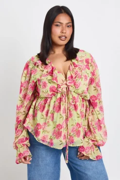 boohoo Haut Smocké Grande Taille À Volants Et Lien Noué Devant<Femme Tops