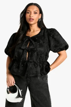Haut smock jacquard grande taille à nouer à l'avant