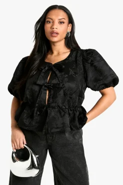 Haut smock jacquard grande taille à nouer à l'avant