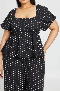 boohoo Haut Smocké À Pois Grande Taille Avec Manches Bouffantes<Femme Pois|Tops
