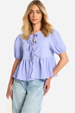 boohoo Haut smock texturé à nouer à l'avant, manches ballon<Femme Looks De Rentrée|Tops