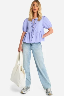 boohoo Haut smock texturé à nouer à l'avant, manches ballon<Femme Looks De Rentrée|Tops