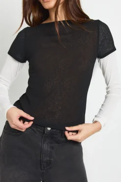 Haut Superposé à Manches Longues Texturé Transparent avec Contrastes