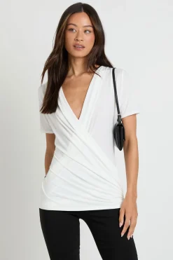boohoo Haut Tall À Manches Courtes Avec Double Col Bénitier Slinky Et Détails Froncés<Femme Tops