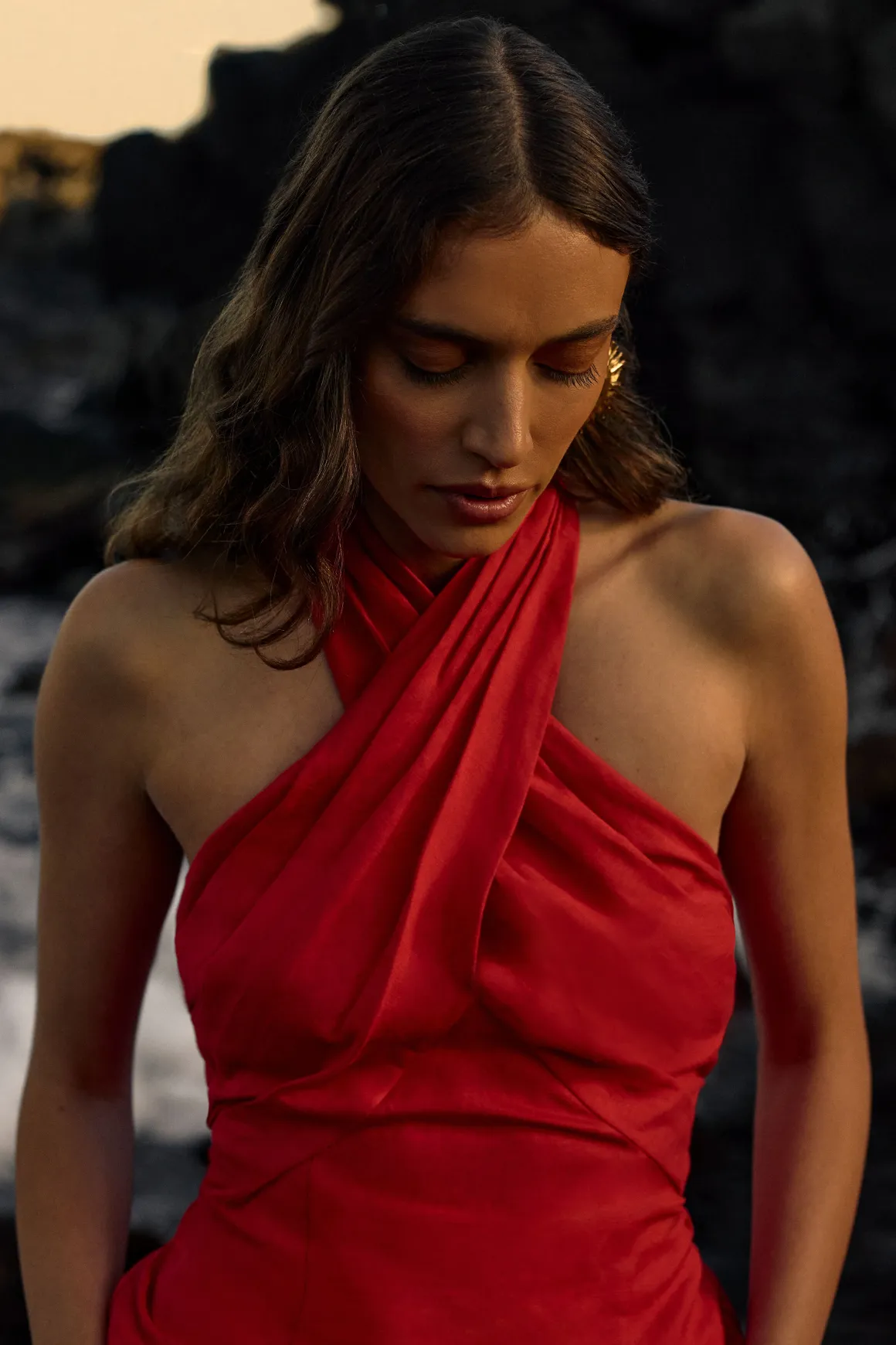 Haut Tissé Col Licou En Viscose Lin