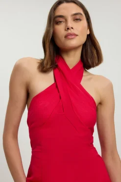 Haut Tissé Col Licou En Viscose Lin