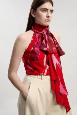 Haut Tissé Sans Manches À Col Noué En Georgette Froissée À Imprimé Floral Photographique