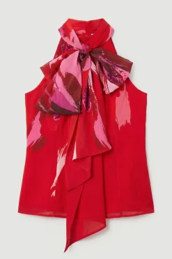 Haut Tissé Sans Manches À Col Noué En Georgette Froissée À Imprimé Floral Photographique
