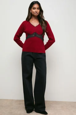 Haut Tricoté à Col V avec Dentelle Contrastante