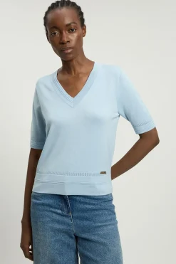 Haut Tricoté à Manches Courtes et Col V en Mélange de Viscose