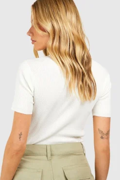 boohoo Haut tricoté à manches courtes en maille côtelée avec col rond<Femme Pulls Et Gilets|Toutes Les Mailles