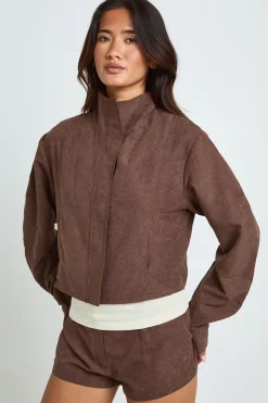 boohoo Haut Zippé À Col Cheminée Et Manches Ballon<Femme Looks Chocolat|Tops D’Automne