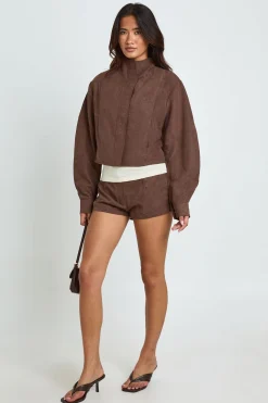 boohoo Haut Zippé À Col Cheminée Et Manches Ballon<Femme Looks Chocolat|Tops D’Automne
