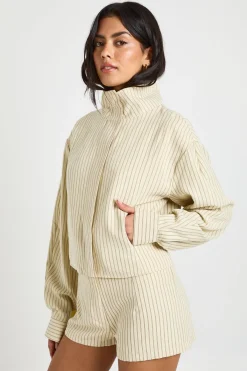 boohoo Haut Zippé À Rayures Col Montant Et Manches Ballon<Femme Tops