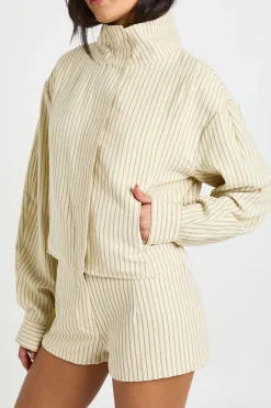 boohoo Haut Zippé À Rayures Col Montant Et Manches Ballon<Femme Tops