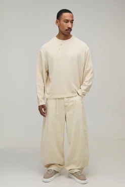 Henley Gaufré Oversize À Manches Longues Coupe Ample