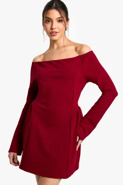 boohoo High Bardot Robe Skater dos noué<Femme Robes Patineuses|Robes À Manches Longues