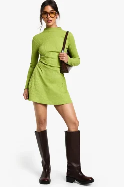 boohoo High Neck Ruched Side Skater Dress<Femme Robes Patineuses|Robes À Manches Longues