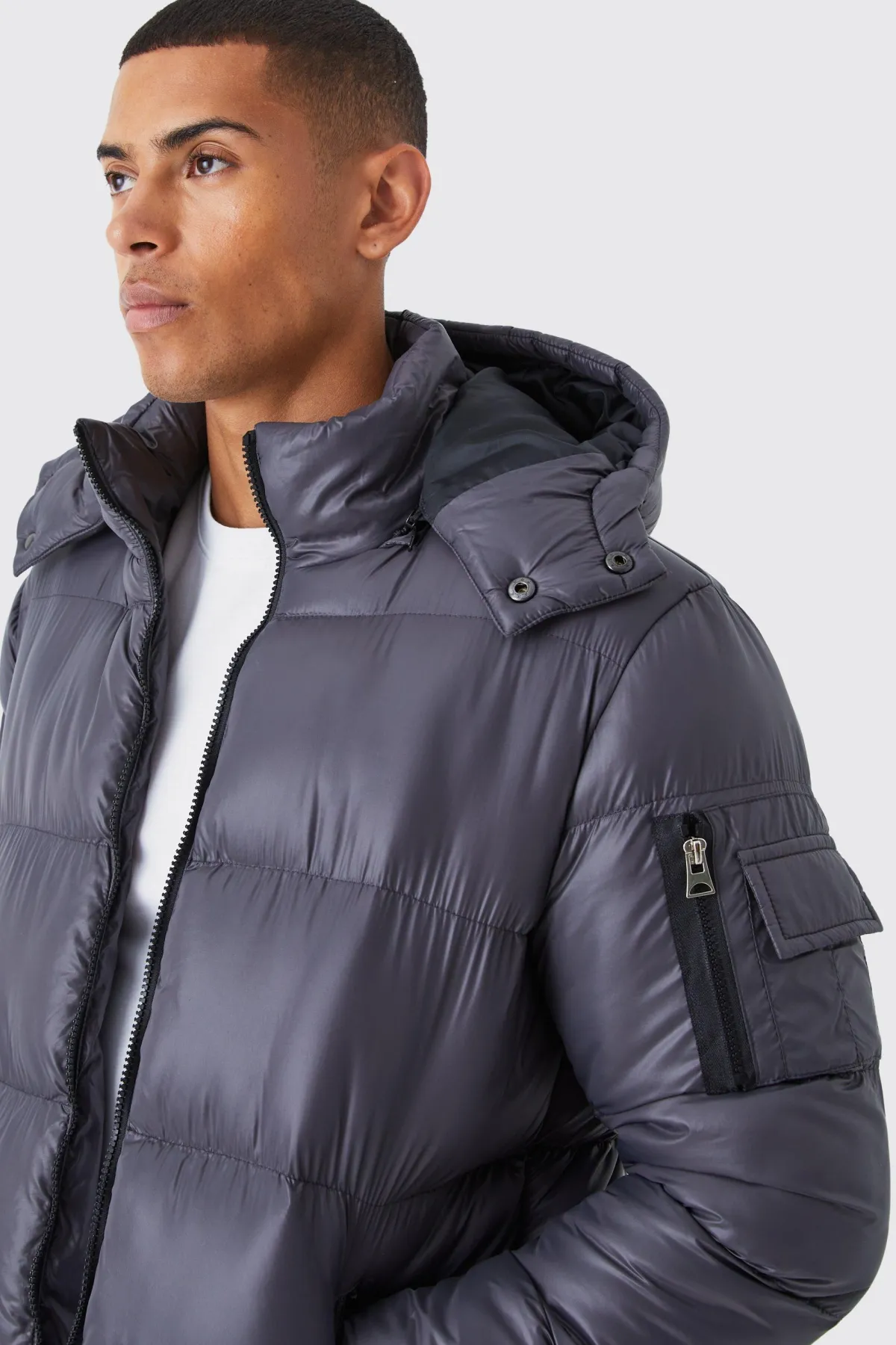 boohooMAN High Shine Hooded Puffer in Grey<Homme Manteaux Et Vestes