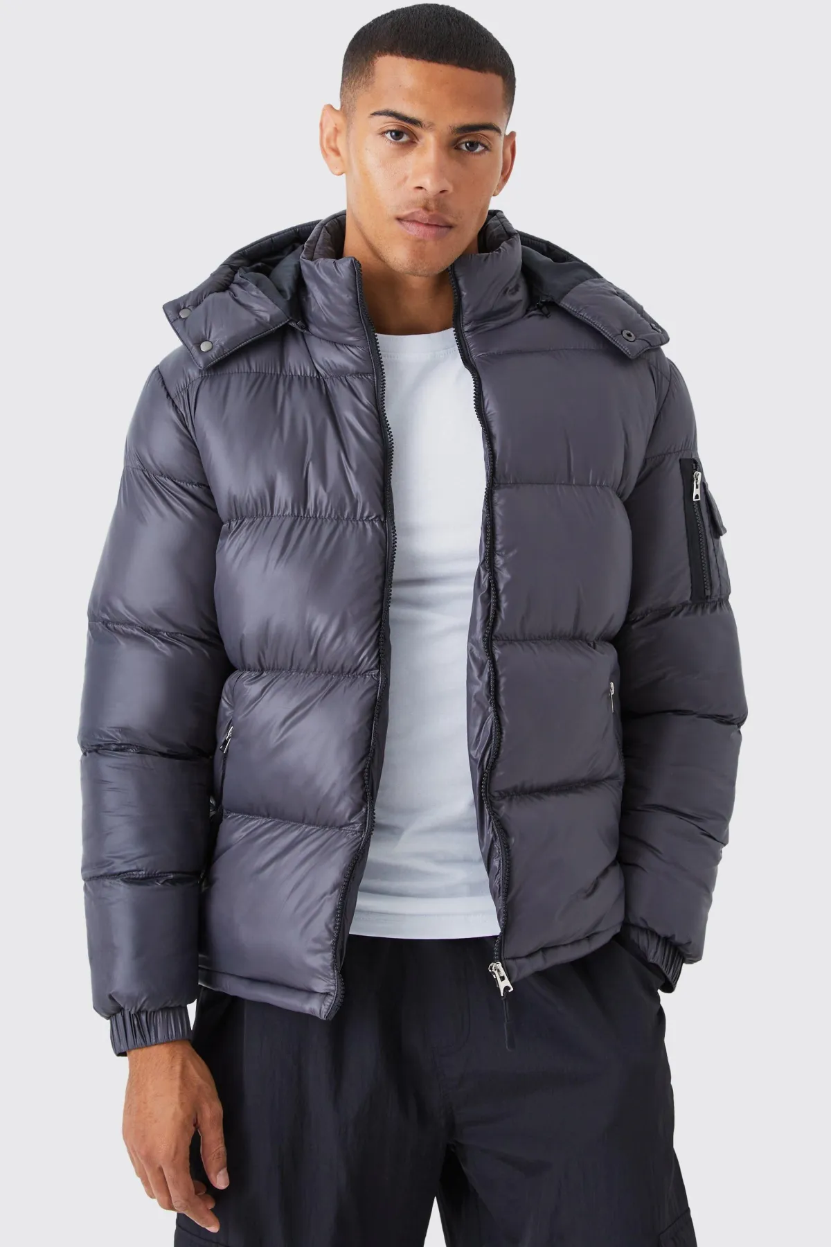 boohooMAN High Shine Hooded Puffer in Grey<Homme Manteaux Et Vestes