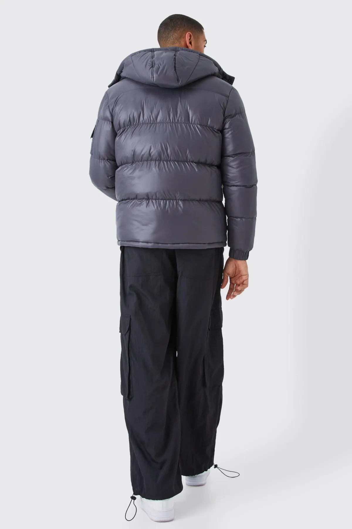 boohooMAN High Shine Hooded Puffer in Grey<Homme Manteaux Et Vestes