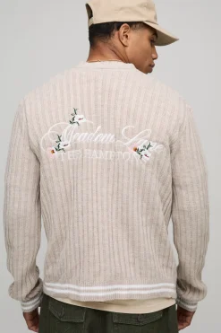 HOMME Cardigan tricoté en jacquard brodé, style varsity, à coupe boxy et motif floral