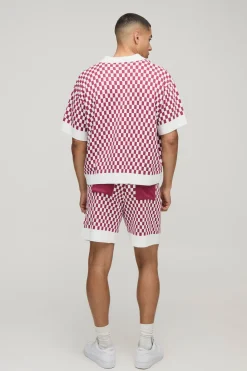 HOMME Ensemble polo tricoté surdimensionné et à coupe boxy à carreaux jacquard & ensemble short décontracté