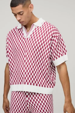 HOMME Ensemble polo tricoté surdimensionné et à coupe boxy à carreaux jacquard & ensemble short décontracté