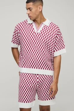 HOMME Ensemble polo tricoté surdimensionné et à coupe boxy à carreaux jacquard & ensemble short décontracté
