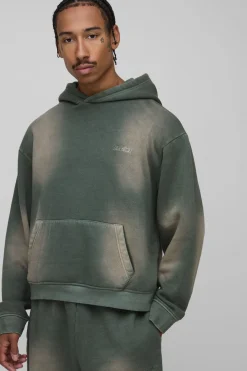 Hoodie brodé pour homme, ample, de coupe boxy, spray wash et sportif