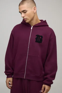 boohooMAN Hoodie à capuche Boxy Fit B avec appliqué et fermeture éclair intégrale<Homme Sweats À Capuche Et Sweatshirts|Sweats À Capuche Et Sweats