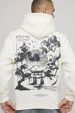 boohooMAN Hoodie à capuche en écru, coupe régulière, imprimé d’un motif de paysage pochoir<Homme Sweats À Capuche Et Sweatshirts|Sweats À Capuche Grande Taille