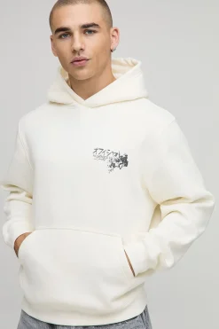 boohooMAN Hoodie à capuche en écru, coupe régulière, imprimé d’un motif de paysage pochoir<Homme Sweats À Capuche Et Sweatshirts|Sweats À Capuche Grande Taille