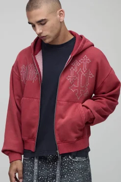 boohooMAN Hoodie à capuche à fermeture éclair, coupe rétrécie, lavé, Cross Diamante<Homme Sweats À Capuche Et Sweatshirts|Sweats À Capuche Et Sweats