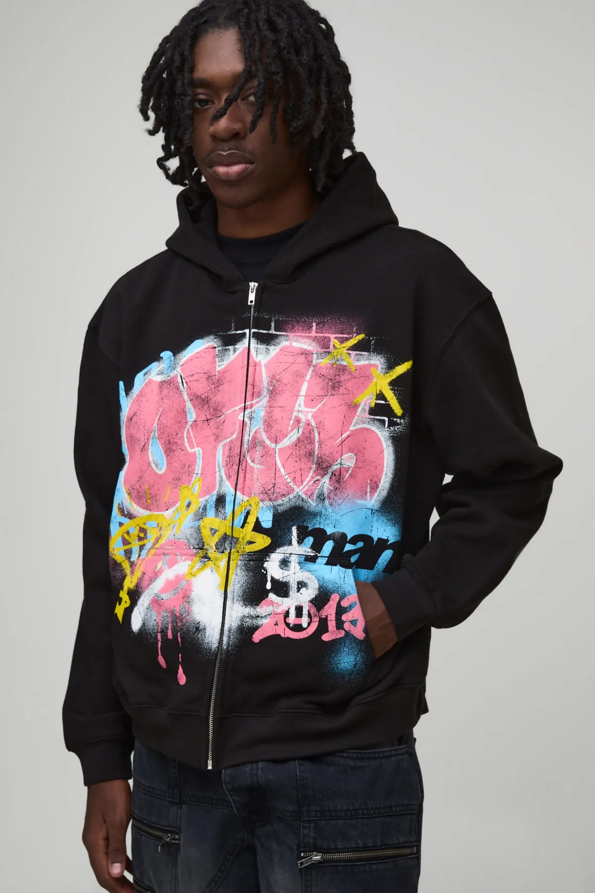 boohooMAN Hoodie à capuche , surdimensionné, à coupe boxy, fermeture éclair, version officielle, imprimé avec graffitis au spray.<Homme Sweats À Capuche Et Sweatshirts|Sweats À Capuche Grande Taille