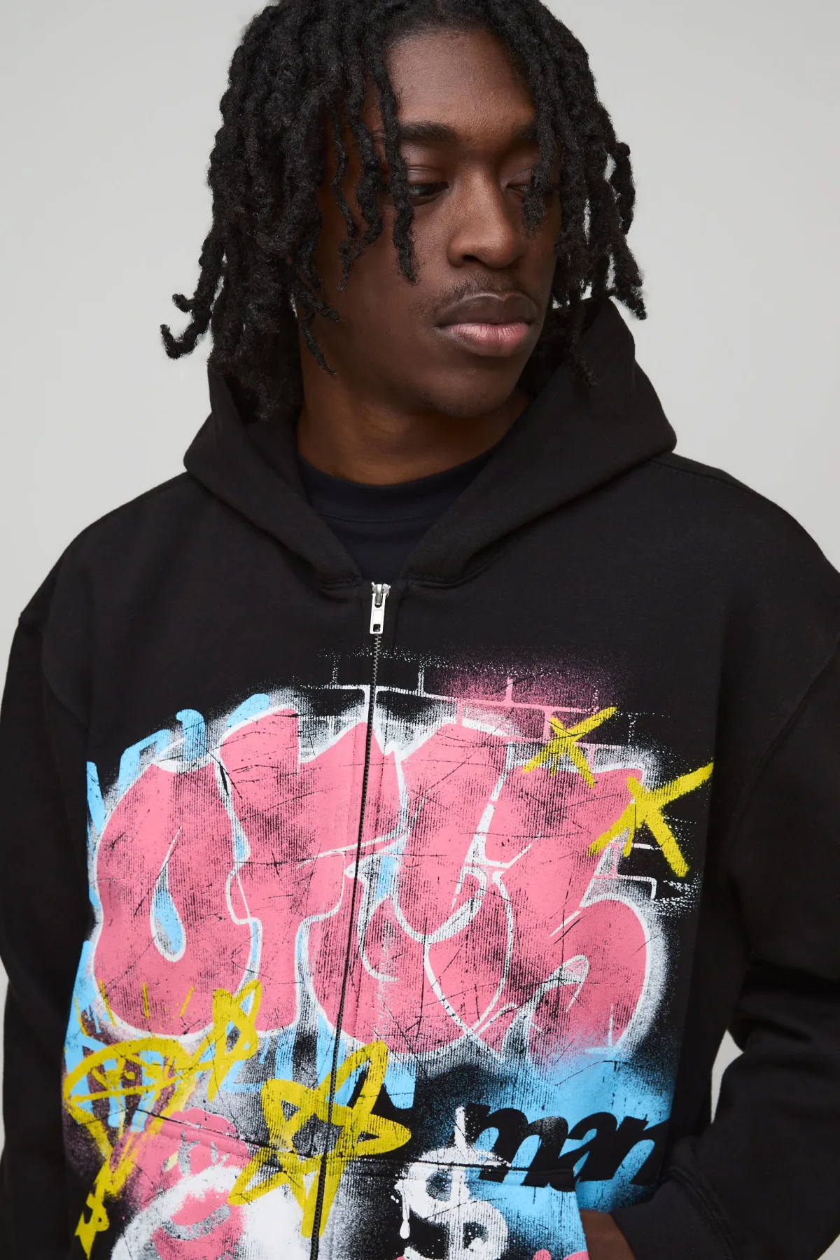 boohooMAN Hoodie à capuche , surdimensionné, à coupe boxy, fermeture éclair, version officielle, imprimé avec graffitis au spray.<Homme Sweats À Capuche Et Sweatshirts|Sweats À Capuche Grande Taille