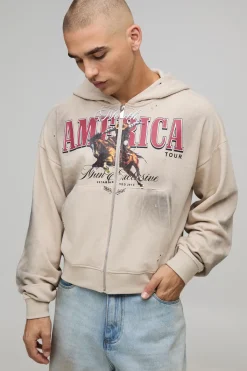boohooMAN Hoodie à capuche à zip intégral Stone Shrunken Fit America Western Distressed Washed Printed<Homme Sweats À Capuche Et Sweatshirts|Sweats À Capuche Et Sweats