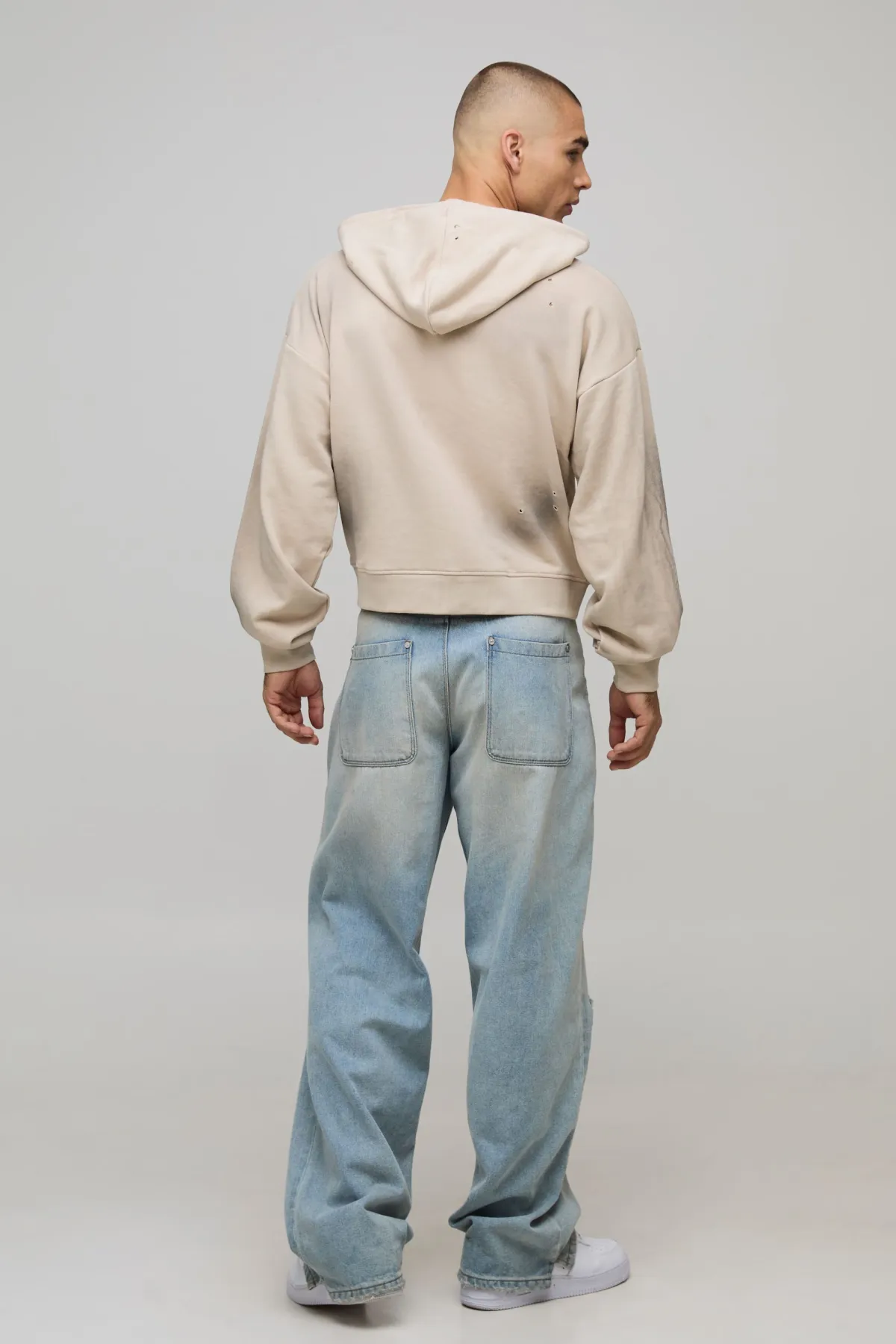 boohooMAN Hoodie à capuche à zip intégral Stone Shrunken Fit America Western Distressed Washed Printed<Homme Sweats À Capuche Et Sweatshirts|Sweats À Capuche Et Sweats