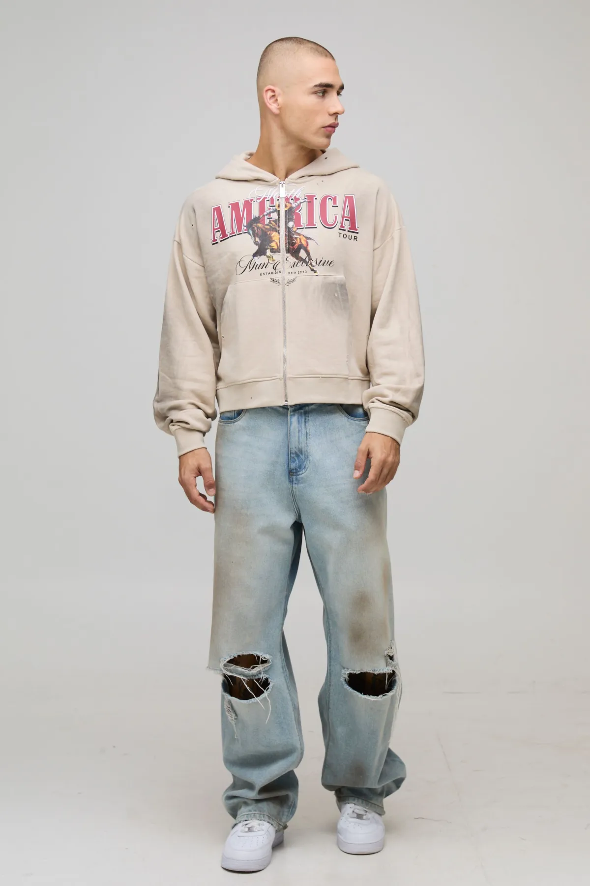 boohooMAN Hoodie à capuche à zip intégral Stone Shrunken Fit America Western Distressed Washed Printed<Homme Sweats À Capuche Et Sweatshirts|Sweats À Capuche Et Sweats