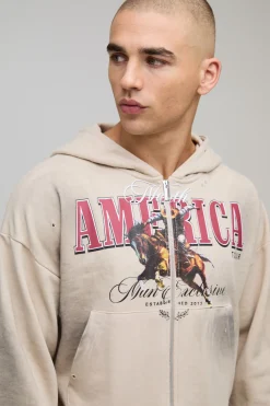 boohooMAN Hoodie à capuche à zip intégral Stone Shrunken Fit America Western Distressed Washed Printed<Homme Sweats À Capuche Et Sweatshirts|Sweats À Capuche Et Sweats