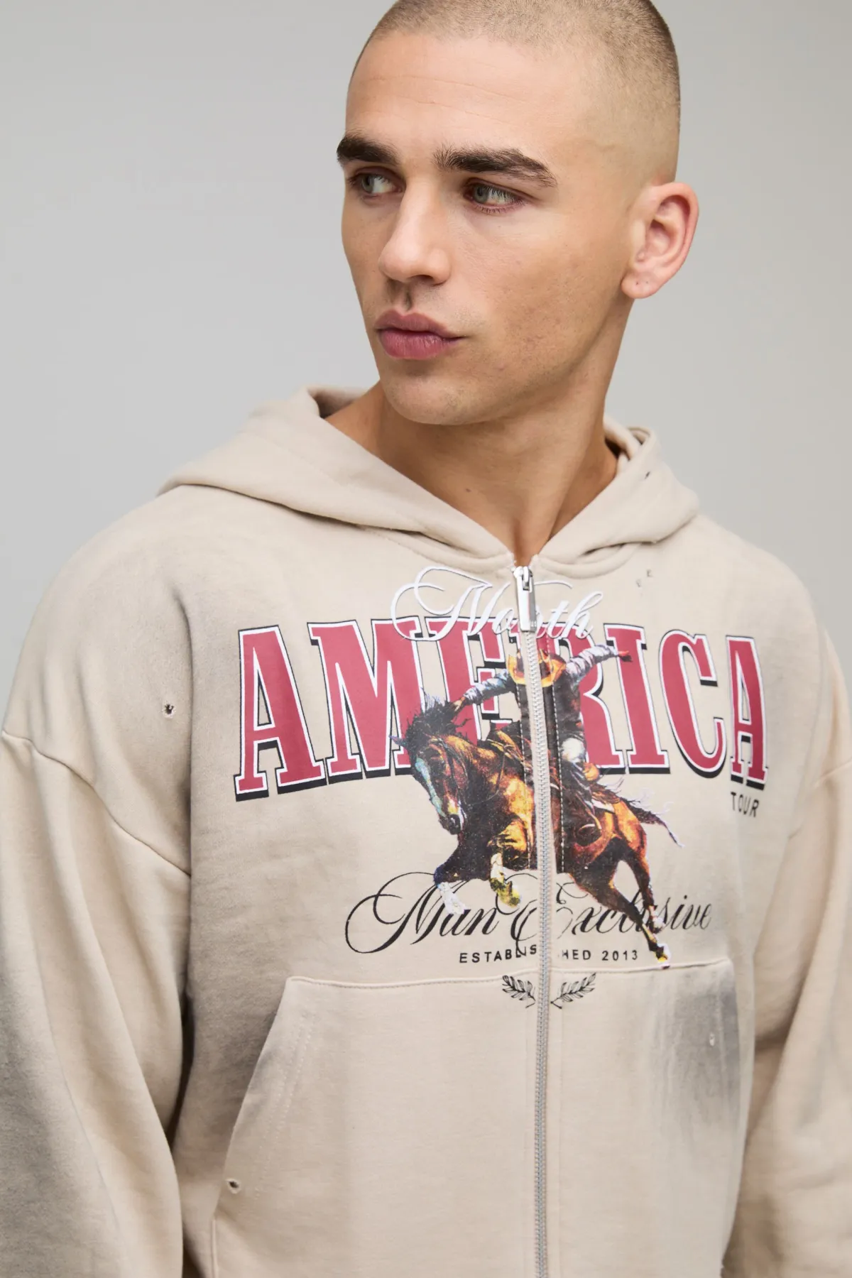 boohooMAN Hoodie à capuche à zip intégral Stone Shrunken Fit America Western Distressed Washed Printed<Homme Sweats À Capuche Et Sweatshirts|Sweats À Capuche Et Sweats