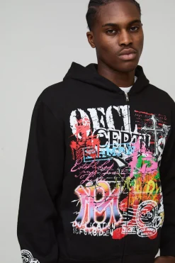 Hoodie à capuche zippé noir surdimensionné, à coupe carrée, imprimé avec des motifs de graffiti doodle
