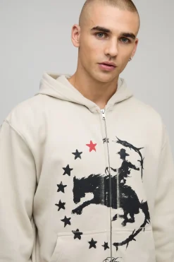 Hoodie à capuche zippé Stone surdimensionné, coupe boxy et imprimé western