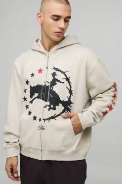 Hoodie à capuche zippé Stone surdimensionné, coupe boxy et imprimé western