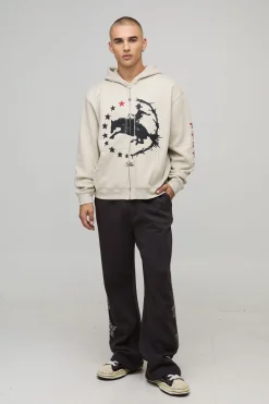 Hoodie à capuche zippé Stone surdimensionné, coupe boxy et imprimé western